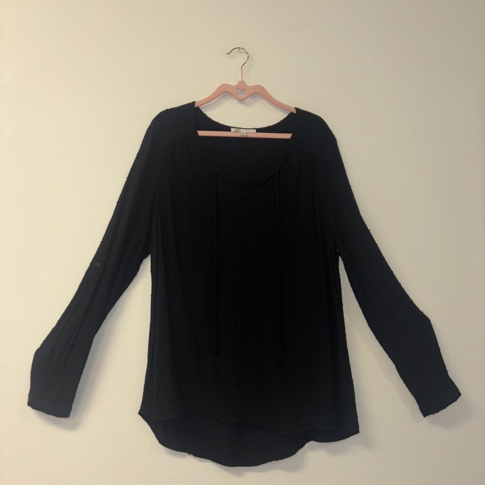DR2 Sz L Black Blouse Cottage Fairy Peasant Flowy Ruffl Milkmaid Vneck Tie Front